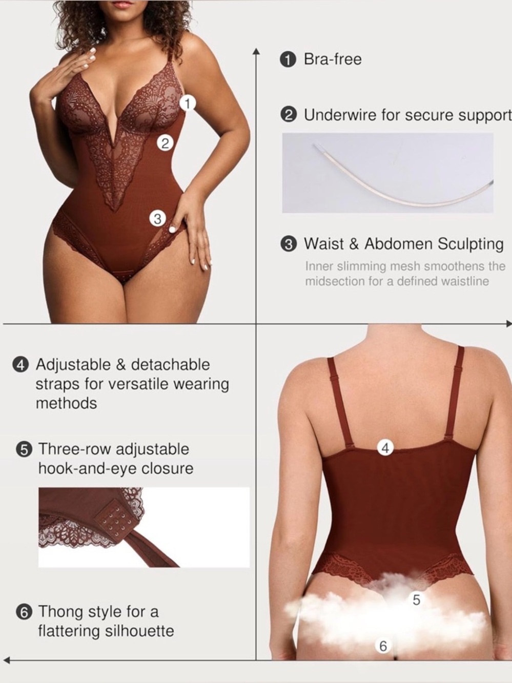 Popilush Shapewear Lace Deep V-Neck Sculpting Thong Bodysuit 3XL in Brown - Picture 6 of 9